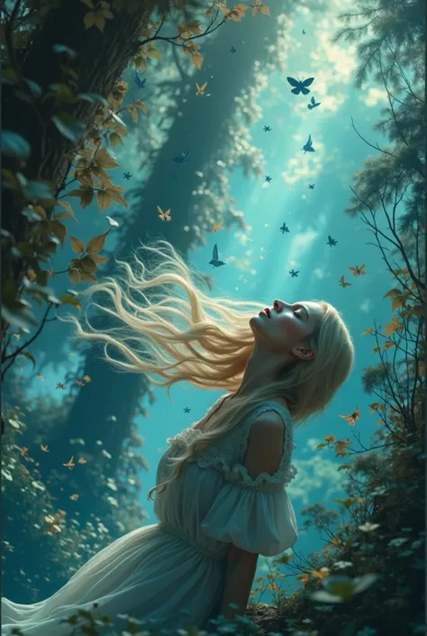 Nostalgic mood, blond in an enchanted forest where trees and plants subtly communicate through soft waves and whispering breezes, mystical creatures around her, surreal scenery, views from below, detailed and intricate environment, close-up, 