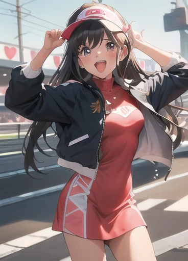 Asusdol,  1 girl, Alone,  visor cap, heart,   hair ornament ,  jacket,  dress, retro artスタイル,  open mouth,looking at viewer, smile,  outdoor, null,  Cowboy Shot ,  clevis cut out,  race queen 