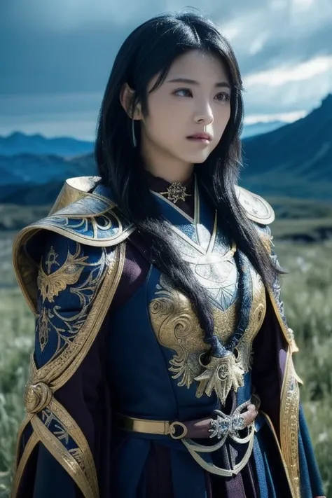 A Japanese actress portraying a magical knight in a fantastical setting. She wears ornate armor with glowing runes and a flowing cape, holding a shining sword in one hand while casting a powerful spell with the other. Bright magical energy swirls around he...