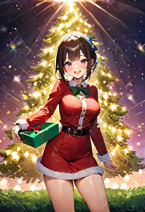 {worst quality, low-quality}, A beautiful Christmas tree decorated with various colored lights, illumination effects, ((glow illumination)), (illumination particles, illumination sparkles, illumination rays:1.4), and a girl happily holding a present box, a...