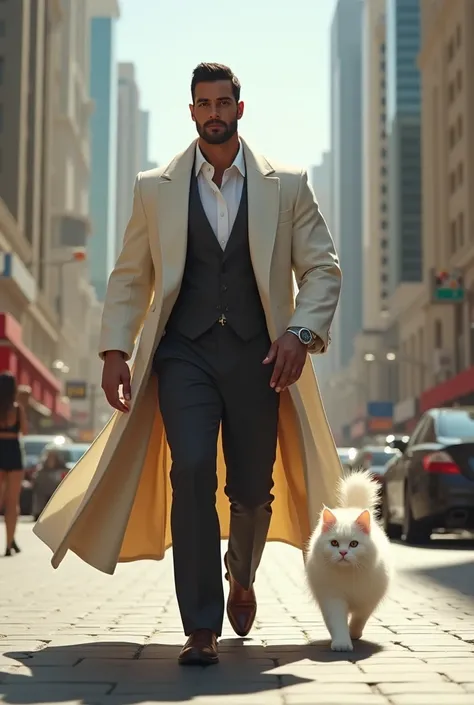 A handsome Asian man walking gallantly with a cute white ragdoll cat very tall once a size larger than usual is walking in the city of Dubai