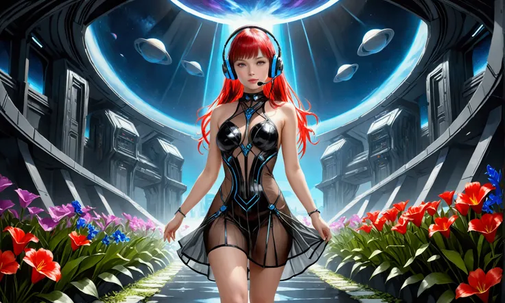 A woman with long two-tone hair, red with violet stripe, violet eyes, perky midsize breasts, lovely face, wearing a sheer scifi dress with many neon panels, microphone headset with built in small flashlight, barefoot, walking towards the viewer, moonlit al...