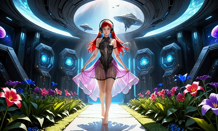 A woman with long two-tone hair, red with violet stripe, violet eyes, perky midsize breasts, lovely face, wearing a sheer scifi dress with many neon panels, microphone headset with built in small flashlight, barefoot, walking towards the viewer, moonlit al...