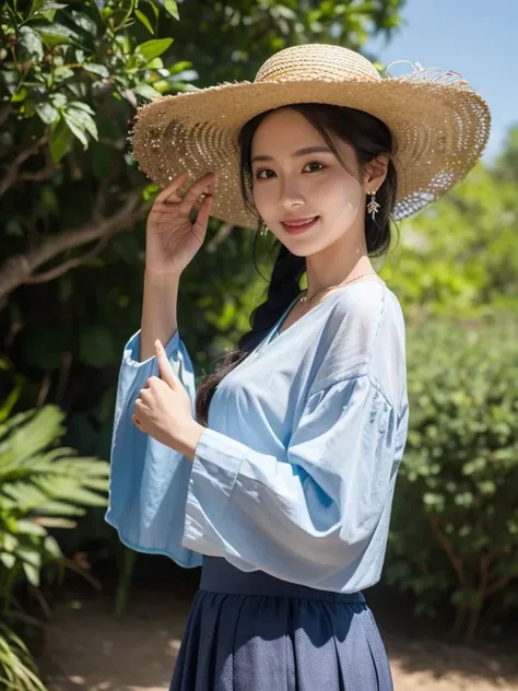 A woman stands with a smile on her face. She is wearing a straw hat, baduy outfit, a black long-sleeved shirt and a blue patterned skirt. Her hair is pulled back in a ponytail, and shes wearing a silver necklace and earrings. Her left hand is raised in the...