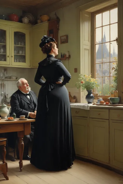 Full body shot of A plump voluptuous buxom  Victorian widow arguing with an elderly gentleman in front of a window in her kitchen, by Jean Béraud, inspired by Jean Béraud, inspired by Édouard Detaille, edouard leon cortes, inspired by Ivan Kramskoi, inspir...