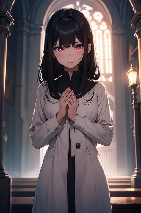 Black-haired girl with pink eyes praying in a dark church at night 