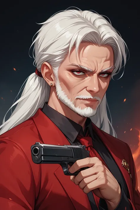 man, old scary vampire, pistol, strong, beautiful, adult face, short beard, white hair, long hair, masculine ponytail,