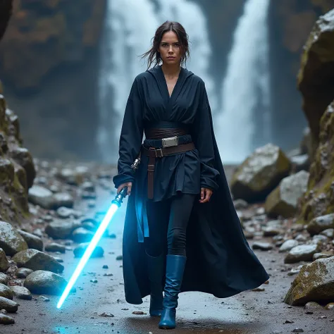 Mila Jovovich .  Wears black and blue Jedi tunics .  She wears black leggings .  She wears blue knee-high boots .  She carries in her hand a single-leaf light sabre in cyan .  She is standing in the middle of a path of wet dirt and stones.  Around her ther...