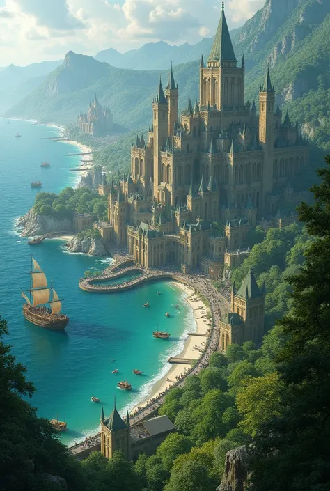 Beautiful, massive Elven coastal City with port, and surrounding forests.