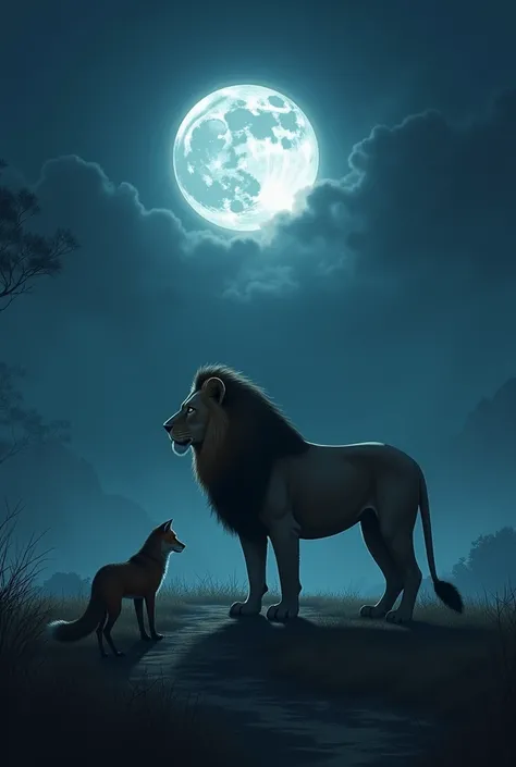  The moon shining brightly and returning the shadow to the lion, while the fox observes .