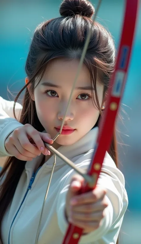 Characters take up one-sixth of the screen， Chinese beauty, , ，woman; archery at the Olympics ，Korean team ，1 Beauty，  exquisite facial features  ， cute， white skin， long hair， Full Body Photo ，Panoramic view，Wide-angle lens， Olympic venues ， professional ...