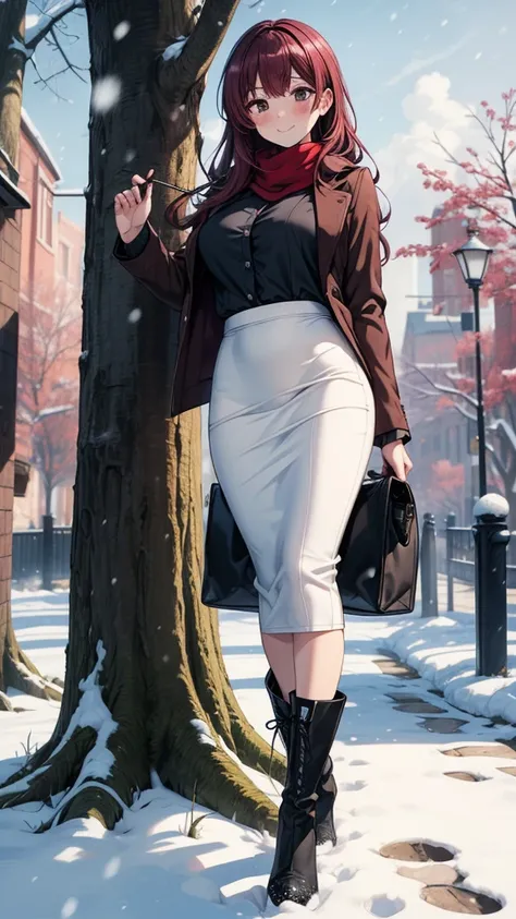 ((masterpiece, best quality:1.3, high detail)), beautiful woman, smile, looking at viewer, long hair, (maroon hair), full-face blush, solo focus, one person, (brown jacket, white blouse, red scarf, (long black pencil ((skirt))), maxi pencil skirt, boots, o...