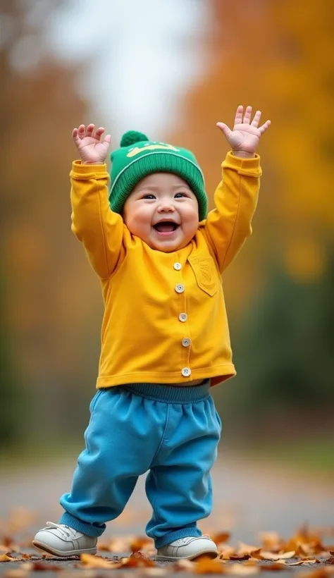 Shot from below, low angle camera, wide angle, backgroung christmas trees colorful, A cute 6 months old asian baby girl happy smiling adorable, standing up both arms up, blue pants, yellow shirt, green hat
