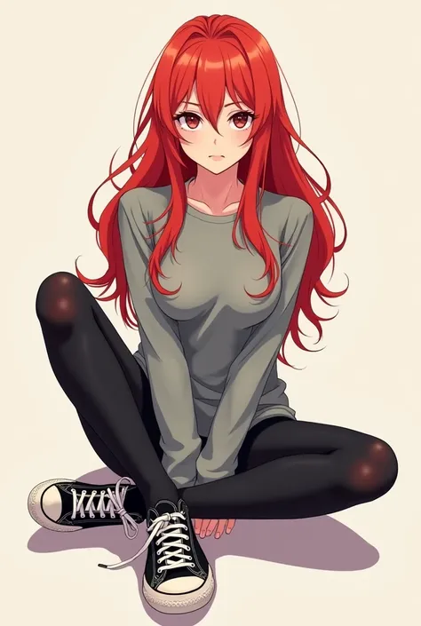 Create a drawing of a red-haired woman wearing Converse sneakers who looks full body and sitting anime-style, who looks 20 years old and who wears black tights in black socks