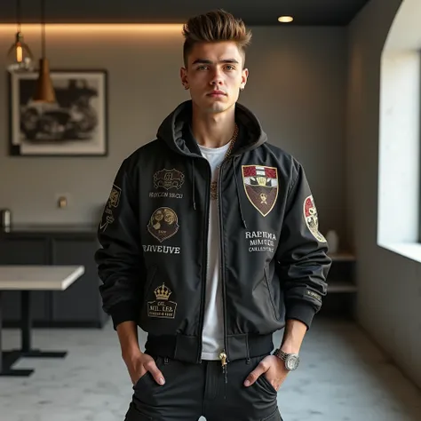 A hyper-realistic portrait of a 20-year-old Italian man with a light brown pompadour hairstyle, wearing a stylish, custom outfit from Local Brand Customs. He’s dressed in a unique, tailored streetwear look featuring a sleek oversized jacket with personaliz...