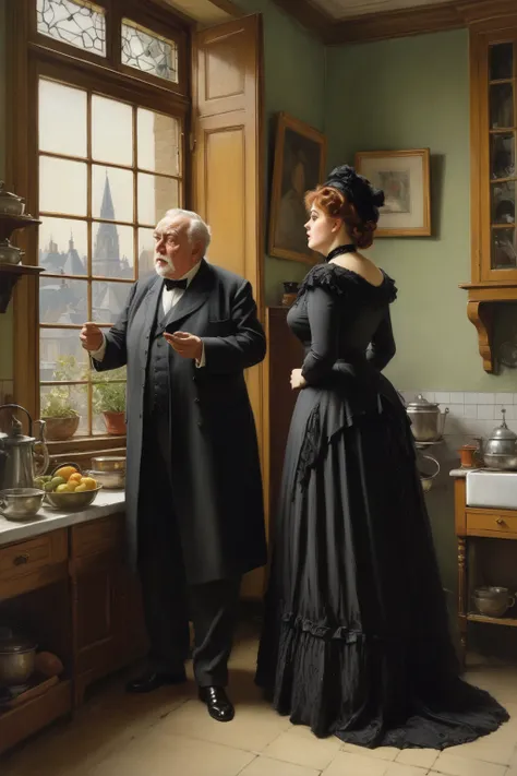 Full body shot of A plump voluptuous buxom  Victorian widow arguing with an elderly gentleman in front of a window in her kitchen, by Jean Béraud, inspired by Jean Béraud, inspired by Édouard Detaille, edouard leon cortes, inspired by Ivan Kramskoi, inspir...