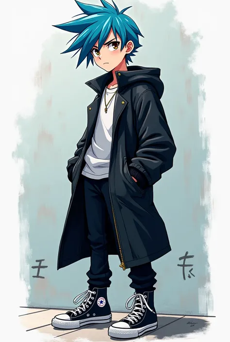 Man with blue hair, black pants,eyes Brown,black Coat , wearing All star style anime