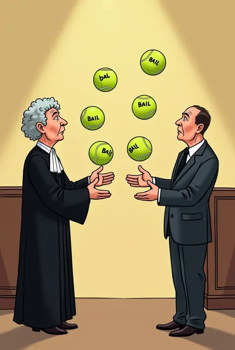 Draw a cartoon in which a pair of jugglers quickly pass between them five tennis balls in the air.
  
They are facing each other.

Each one stands in the opposite side of the picture.


One of the jugglers is dressed as a catagore in a black robe and wig w...