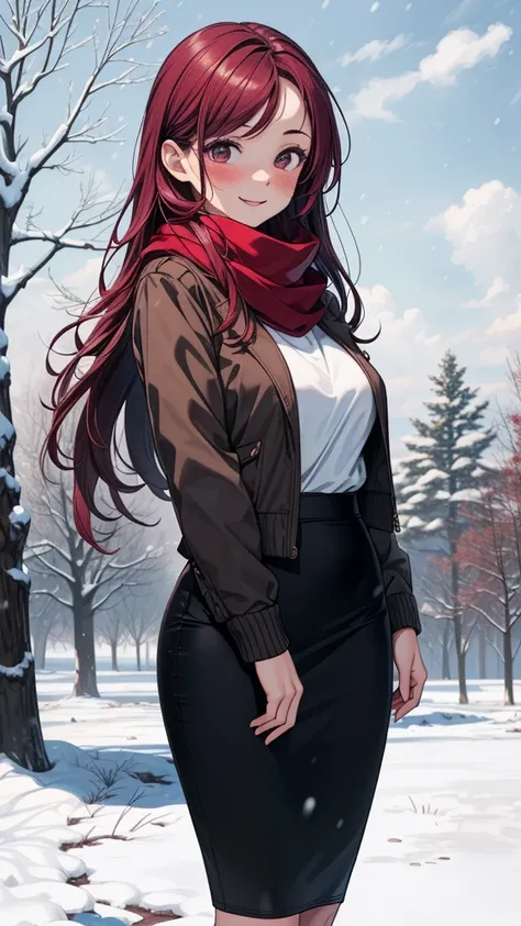 ((masterpiece, best quality:1.3, high detail)), beautiful woman, smile, looking at viewer, long hair, (maroon hair), full-face blush, (brown jacket, white blouse, red scarf, (long black pencil ((skirt))), boots, outdoors, (cloudy sky, snow), (lower body), ...