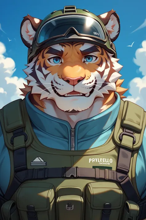 Furry，The White Tiger，“White fur”， muscular ，blue  eyes，Tiger ears，“upper body”， “wear bulletproof helmets，bulletproof vests” ，Cute expression，Perfect， top quality，Side face ， eyes