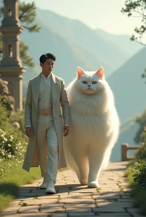 A handsome Asian man walks gallantly with a very tall white ragdoll cat from his huge owner once a size more than usual is walking 