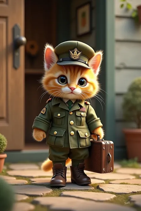 Image of a military kitten with a suitcase in its hand at the door of a house