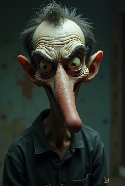 Create a horror comic-style character that resembles the person in the attached image with exaggerated features. The character has a grotesquely long, thin, and pointed nose resembling Pinocchios, with wood-like texture. The nose should be a prominent feat...