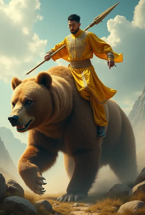 A handsome man like Baimwong wearing a golden yellow Mada elephant suit wearing a spear climbs on a giant bear, his legs appear to be brown and running