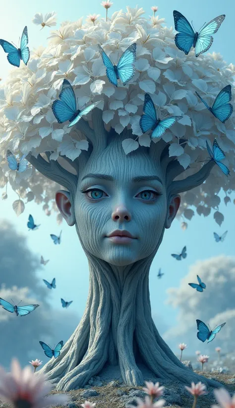 Magic tree human face, surrounded with butterflies leaves, white and blue colors,