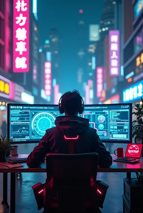 "A futuristic human sitting in front of a computer, surrounded by neon lights and high-tech gadgets, in a cyberpunk world. They are dressed in advanced, sleek clothing with glowing accents, blending technology and fashion. The scene is filled with holograp...