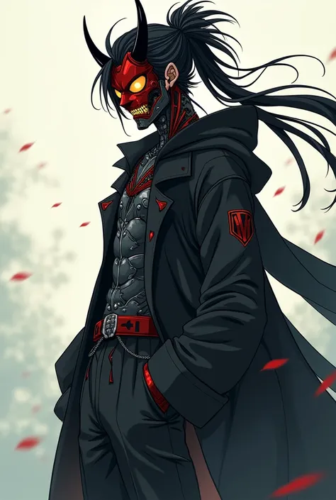 "A tall male anime character with long, flowing black hair tied in a messy bun, styled with sharp, dynamic strands. His face is partially covered by a futuristic oni-inspired mask, red and black in color, featuring two curved horns, glowing yellow eyes, an...