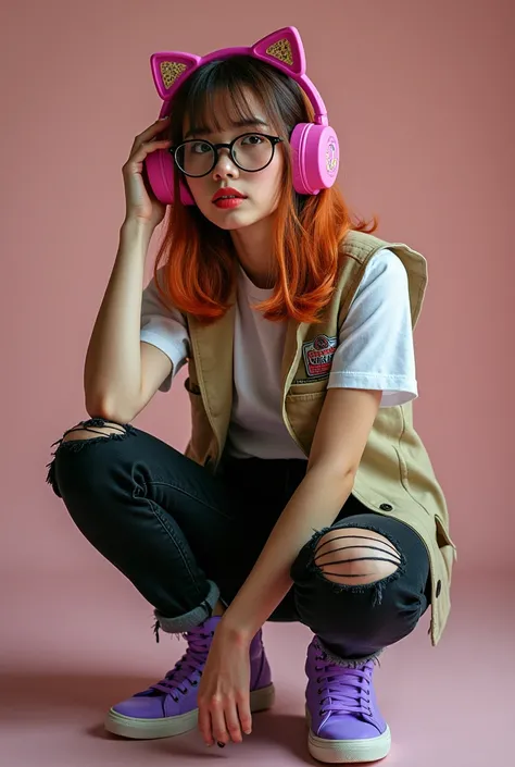 Woman with brown and orange hair,wear pink cat headphones, glasses, circlets of patience,wear scatman johns vest,jean black with rip,and purple shoes