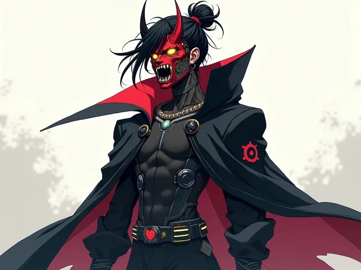 "A tall male anime character with long, flowing black hair tied in a messy bun, styled with sharp, dynamic strands. His face is partially covered by a futuristic oni-inspired mask, red and black in color, featuring two curved horns, glowing yellow eyes, an...