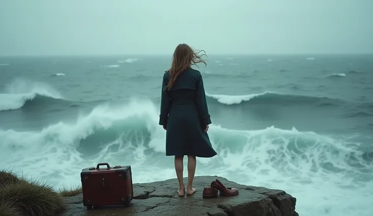 ((masterpiece, highest quality, Highest image quality, High resolution, photorealistic, Raw photo, Extremely detailed CG unified 8k wallpaper)), Back view of a barefooted woman looking down at the ocean from a cliff top, overcast sky, rough sea, strong win...