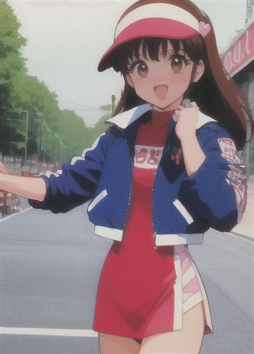 Asusdol,  1 girl, Alone,  visor cap, heart,  hair ornament,  jacket,  dress, open mouth, 1990s ( style for stilets), looking at viewer, smile,  outdoor, null,  Cowboy Shot ,  clevis cut out,  race queen 