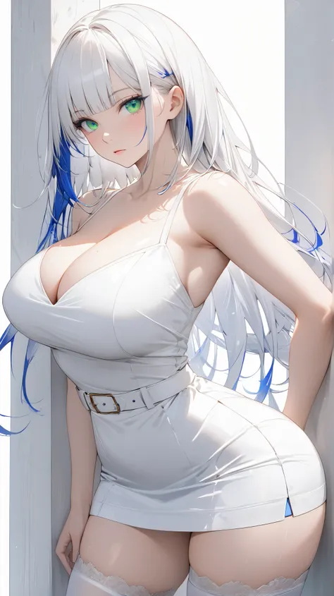 Full body display, face details,semi realistic, Masterpiece, Master work, perfect , 4k, 1woman, big size breast, straight shoulder-length hair, flat Bangs hair style, white colored hair, (((blue streaks - white hair))), bright green eyes, no expression fac...