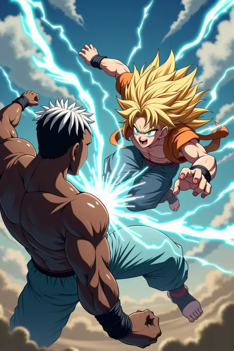 Blond hair with red tips teen anime character floating amidst a  wind cyclone aiming to finish off his dark skinned, white cornrows,bulky opponent who is using lightning to shield himself 