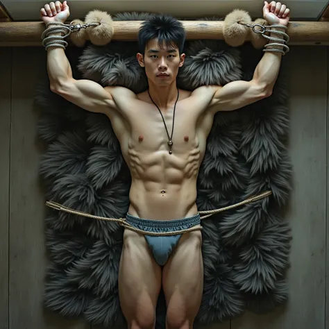 Handsome Japanese muscular college man wearing fur trunks restrained by fur shackles on a fuzzy fur bed