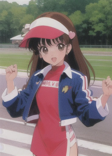 Asusdol,  1 girl, Alone,  visor cap, heart,  hair ornament,  jacket,  dress, open mouth, 1990s ( style for stilets), looking at viewer, smile,  outdoor, null,  Cowboy Shot ,  race queen 