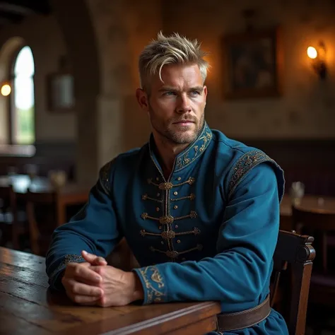 Australian Man Luke Hemsworth 40 years old, Buzzcutt hairstyle, blonde hair,Dark skin,blue eyes, maxilar definido retangular, 1.85 altura, vestido com um traje de Princepe medieval na cor azul escura, sentado em uma mesa em uma taverna medieval com tochas,...