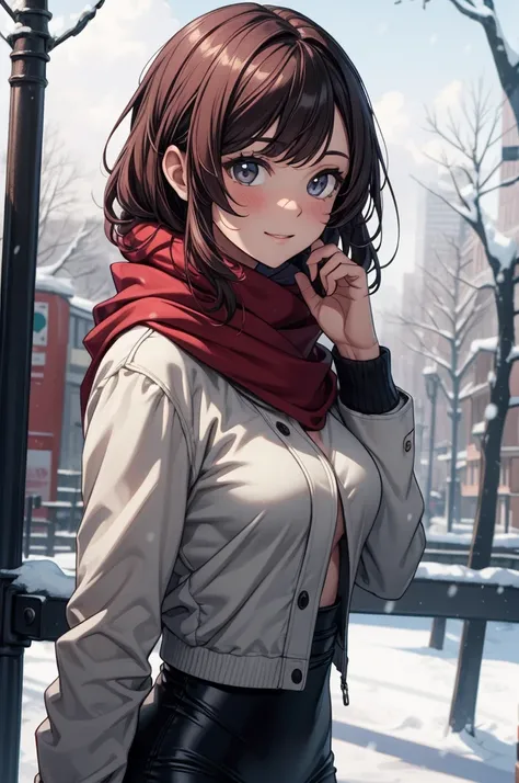 ((masterpiece, best quality:1.3, high detail)), beautiful woman, smile, looking at viewer, medium hair, (maroon hair), full-face blush, (brown jacket, white blouse, red scarf, (long black pencil (skirt)), boots, outdoors, (cloudy sky, snow), (upper body), ...