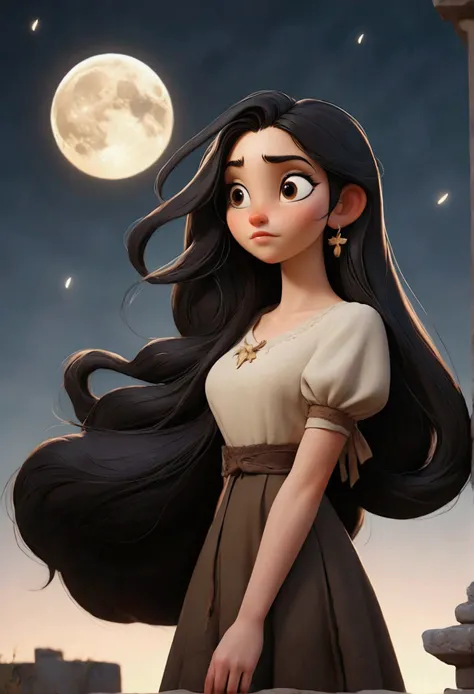 Brunette girl with long black hair looking at the moon 