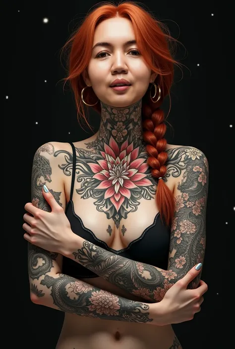 Masterpiece, photorealistic, CG, wallpaper 16K, solid black space backdrop, Creates a tattoo on a womans left and right arm, a large peony climbing up the neck and never, descending a phoenix in large black work along with a dragon to the hand with mandala...