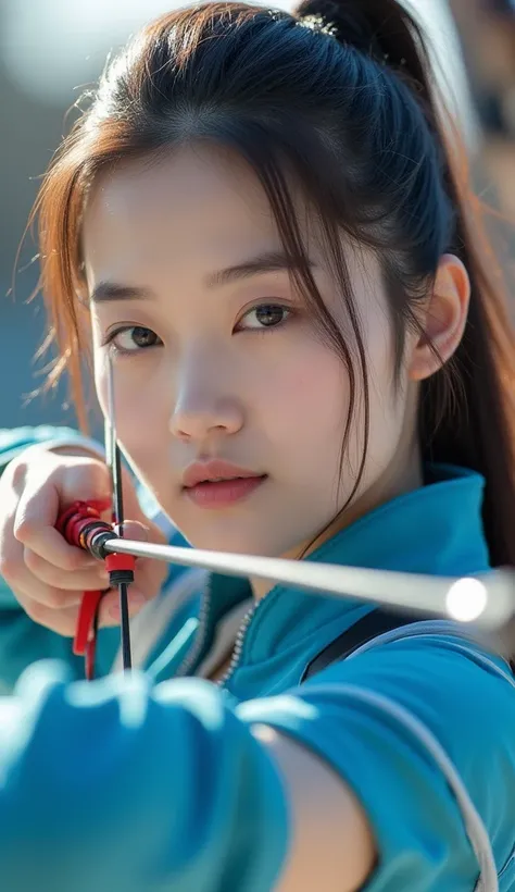 Characters take up one-sixth of the screen， Chinese beauty, , ，woman; archery at the Olympics ，Korean team ，1 Beauty，  exquisite facial features  ， cute， white skin， long hair， Full Body Photo ，Panoramic view，Wide-angle lens， Olympic venues ， professional ...