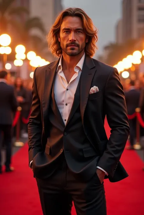 a strong build 30 years old white man with very long light brown hair, wearing an elegant suit standing with at a movie award event with red carpet and photographers and facing the camera