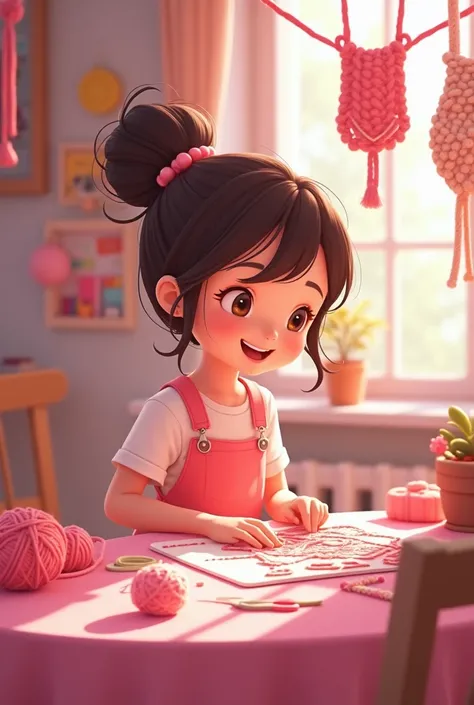 Create an animated illustration for ren ,  girl making macrame crafts dominant pink color