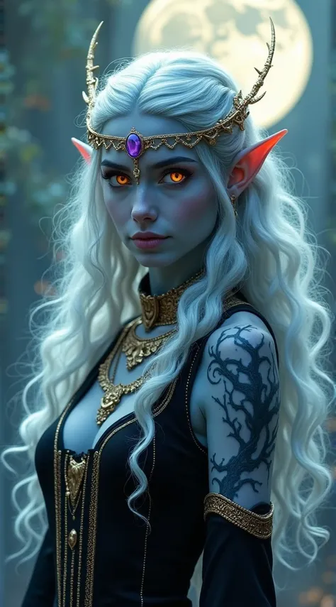  The image shows a woman with an elvish appearance with dark blue skin and bright eyes of an intense golden hue,  that emanate a powerful and enigmatic look .  Her hair is long,  wavy and of a silvery-white color that contrasts elegantly with her skin .  T...