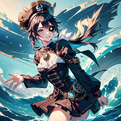 1girl， pretty face、Baby Face、背景に巨大なsea賊船、cute pirates 、huge anchor 、((( best detail、 Dynamic Best Composition、 top quality、 Masterpiece、 more、 high definition)))、 goth pirate suit ，Very complex， exquisite，Shift dress，frills，ribbon，bandage，sea賊，Giant ，2000，...