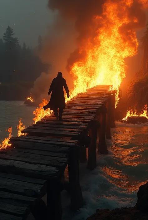 " A burning wooden bridge over a dark river ,  with a person trying to cross it as the flames approach, consuming every piece behind your steps ."
