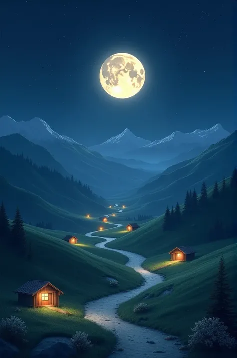 Beautiful moon with stars，Bending path ， with several illuminated huts in the distance， and rolling mountains 